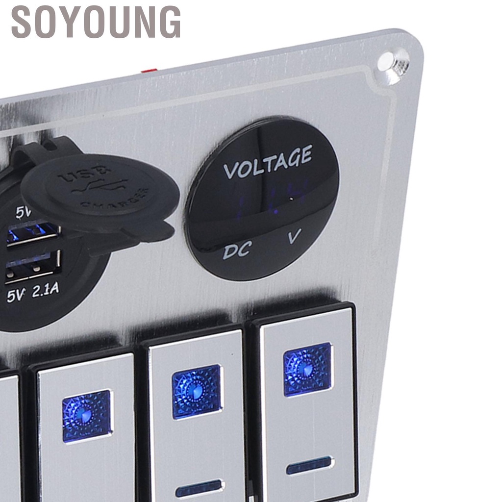 Soyoung Rocker Switch Panel 6 Gang On Off Blue LED Light 4.2A Dual USB Charger Port Aluminum Alloy for Car RV