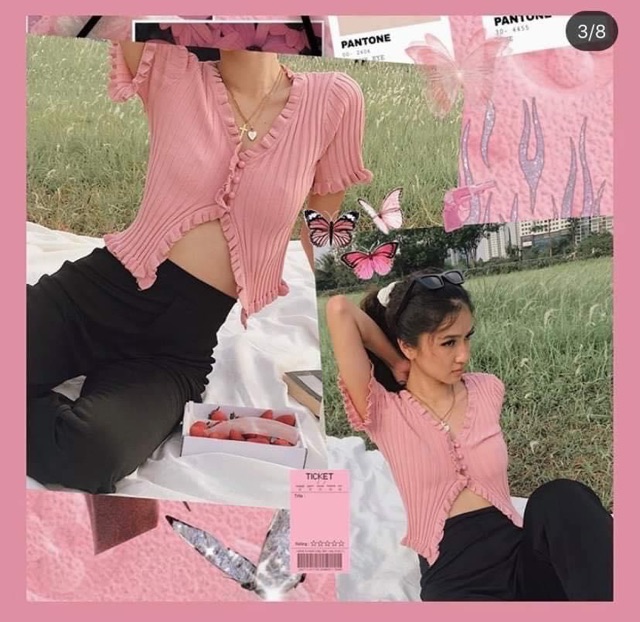 Áo Kiểu NEVER STOP CROPTOP màu HỒNG thiết kế gài nút 1 nửa khoe vòng eo chất len dày co giãn hàng nhập quảng châu