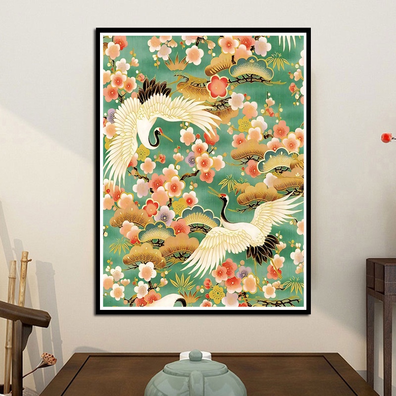 Bộ Tranh Thêu Chữ Thập 11CT Bằng Cotton Hình Chim Và Hoa / Chim Hạc Nhảy Múa Phong Cách Nghệ Thuật