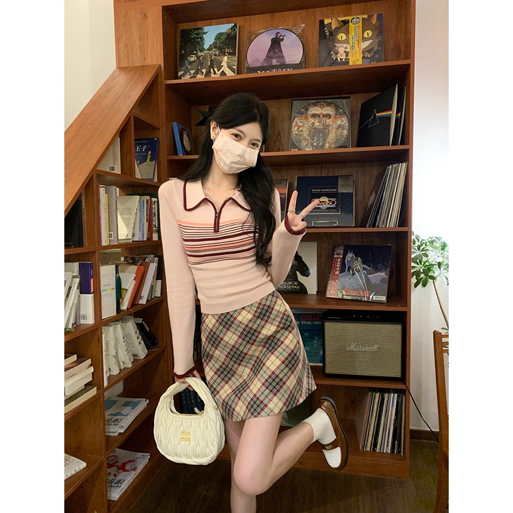 Áo Croptop Dệt Kim Tay Dài Dáng Ôm Phối Khóa Kéo Màu Sắc Tương Phản Kiểu Hàn Quốc Thời Trang Mùa Thu