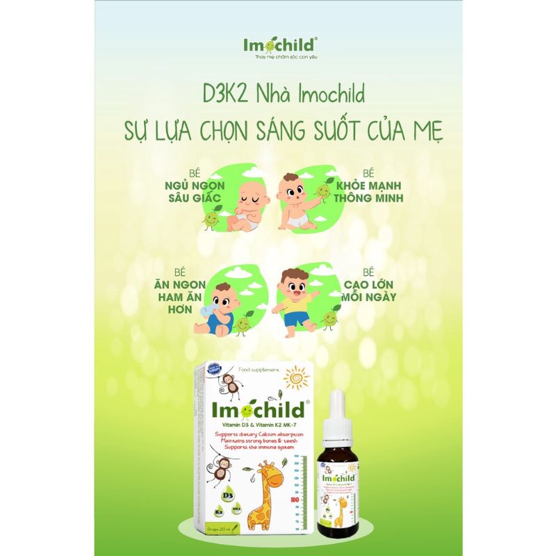 IMOCHILD D3K2 DROPS bổ sung vitamin D3 và K2 MK7 cho trẻ sơ sinh hấp thu Canxi tối đa giúp trẻ cao lớn thông minh
