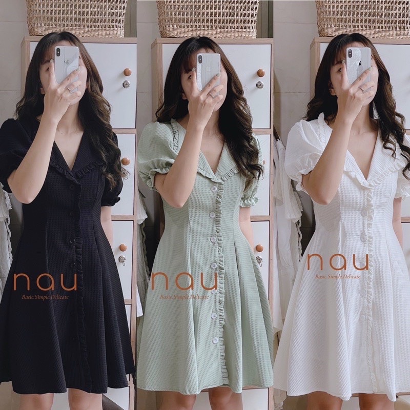 Váy Xốp Ô Cổ Chéo Chiết Eo 3 Màu Có Ảnh Thật