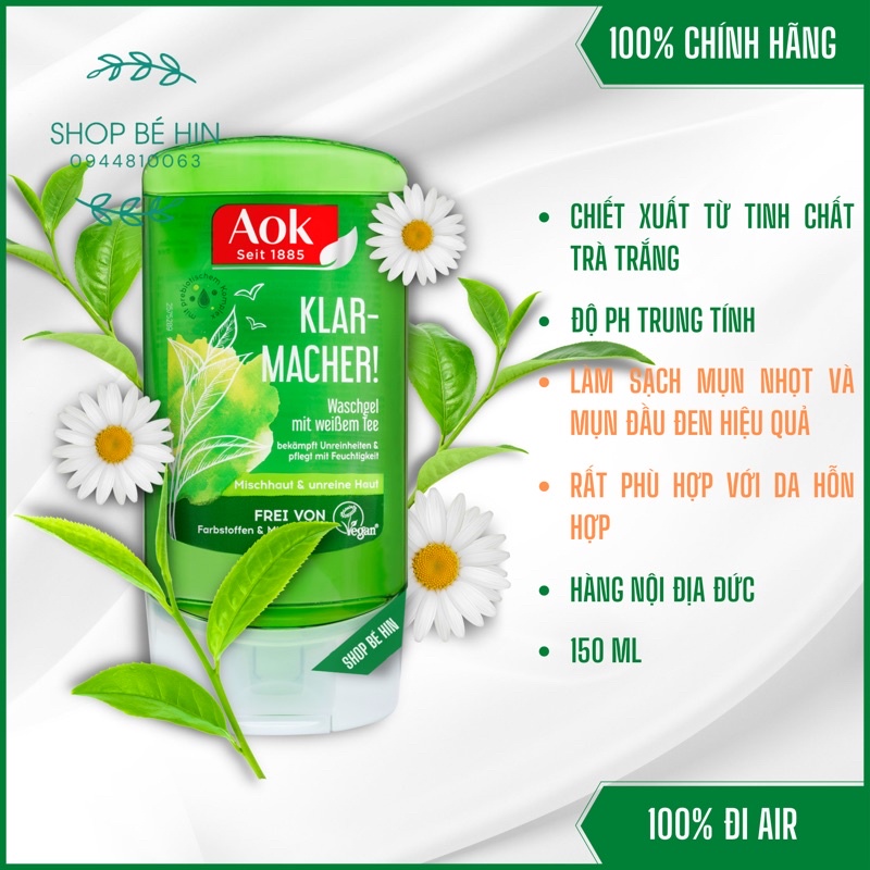 Sữa rửa mặt AOK Đức dành cho da dầu, da mụn và da hỗn hợp, sữa rửa mặt chiết xuất tinh chất trà trắng