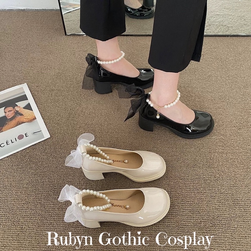 [Sẵn-nên lùi 1 size]Giày Lolita Cao gót tiểu thư quai hạt đính nơ ( Trắng, đen ) Size 35 - 39 D818