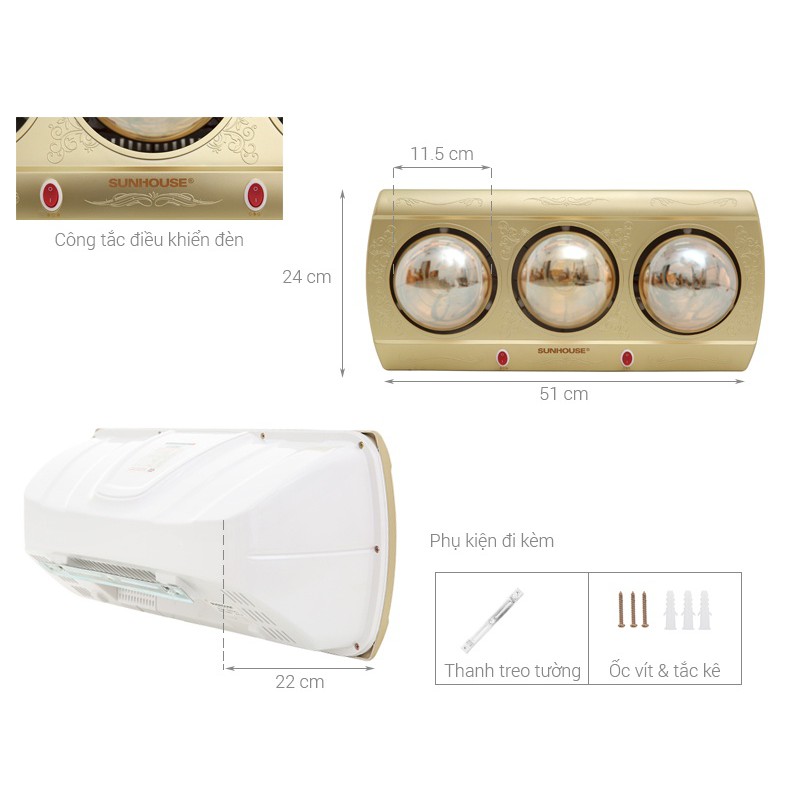Đèn sưởi nhà tắm Sunhouse SHD3813 - 825W / SHD3812