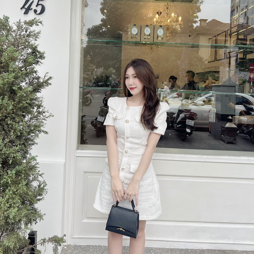 Váy đầm trắng Tweet Liner tay bồng tiểu thư Souris By G