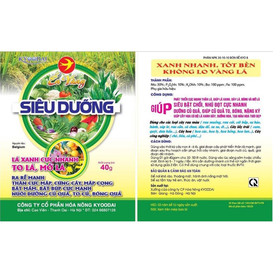 Phân bón NPK 30-10-10 nở bụi, xanh lá, mập cọng 40gr