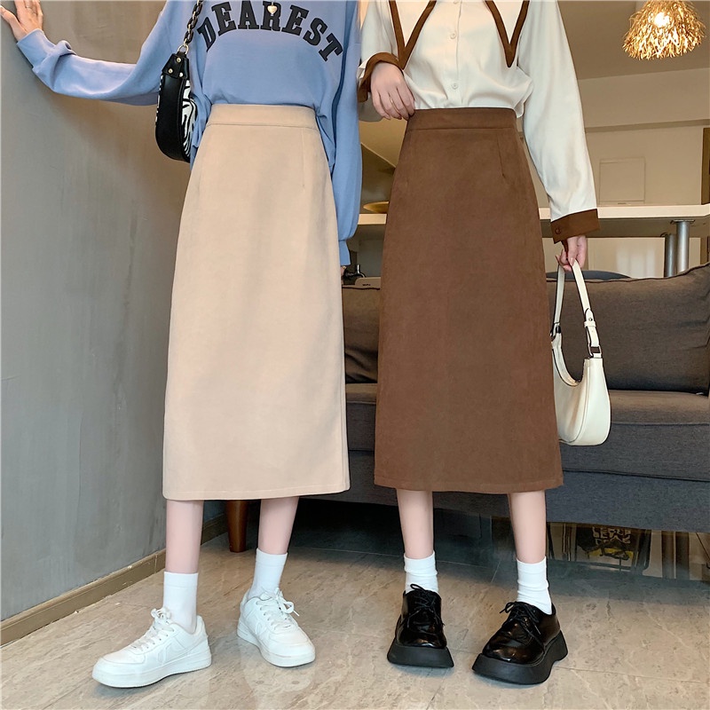 Chân váy midi SUXI lưng cao đơn giản phong cách Hàn Quốc