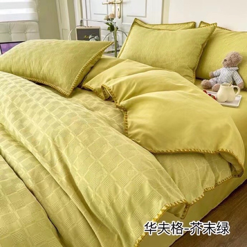 Chăn ga gối Cotton dệt ô vuông viền hoạ tiết SHOP vũ thị thơm