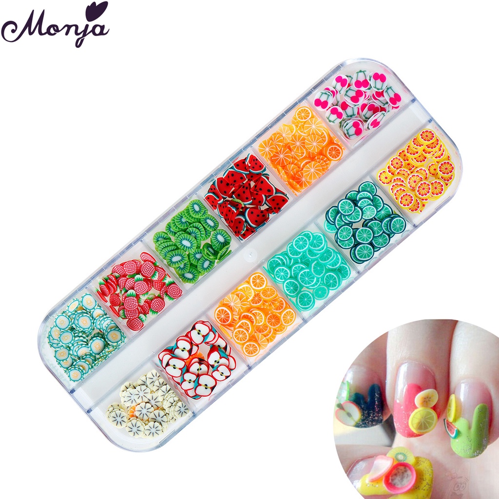 Monja Hộp phụ kiện trang trí móng tay 12 ô hình trái cây 3D DIY dễ thương