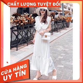 [ HÀNG CAO CẤP ] Đầm maxi xoè trắng cổ bèo dập ly sang trọng dự tiệc đi biển đi chơi dạo phố công sở đẹp