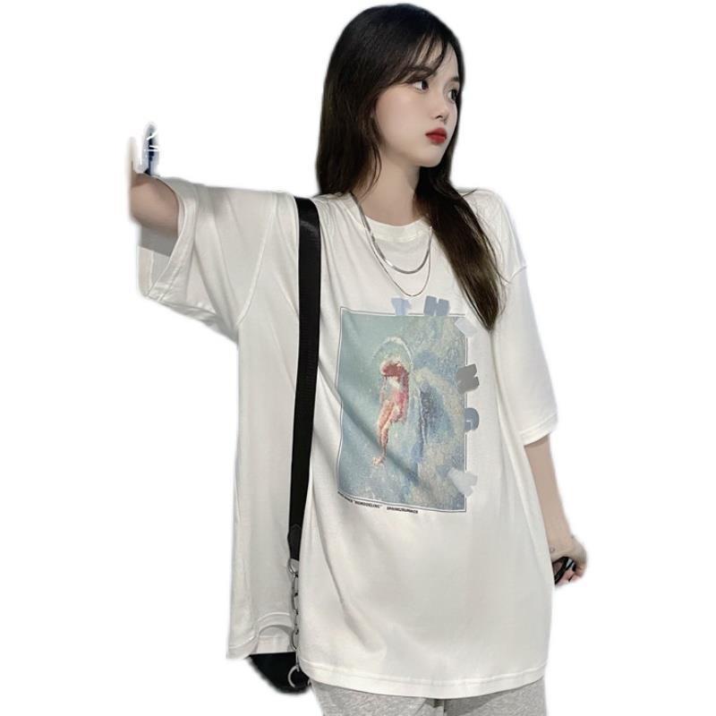 100% cotton 2021 new summer white T-shirt women's short sleeve loose Korean versatile print top