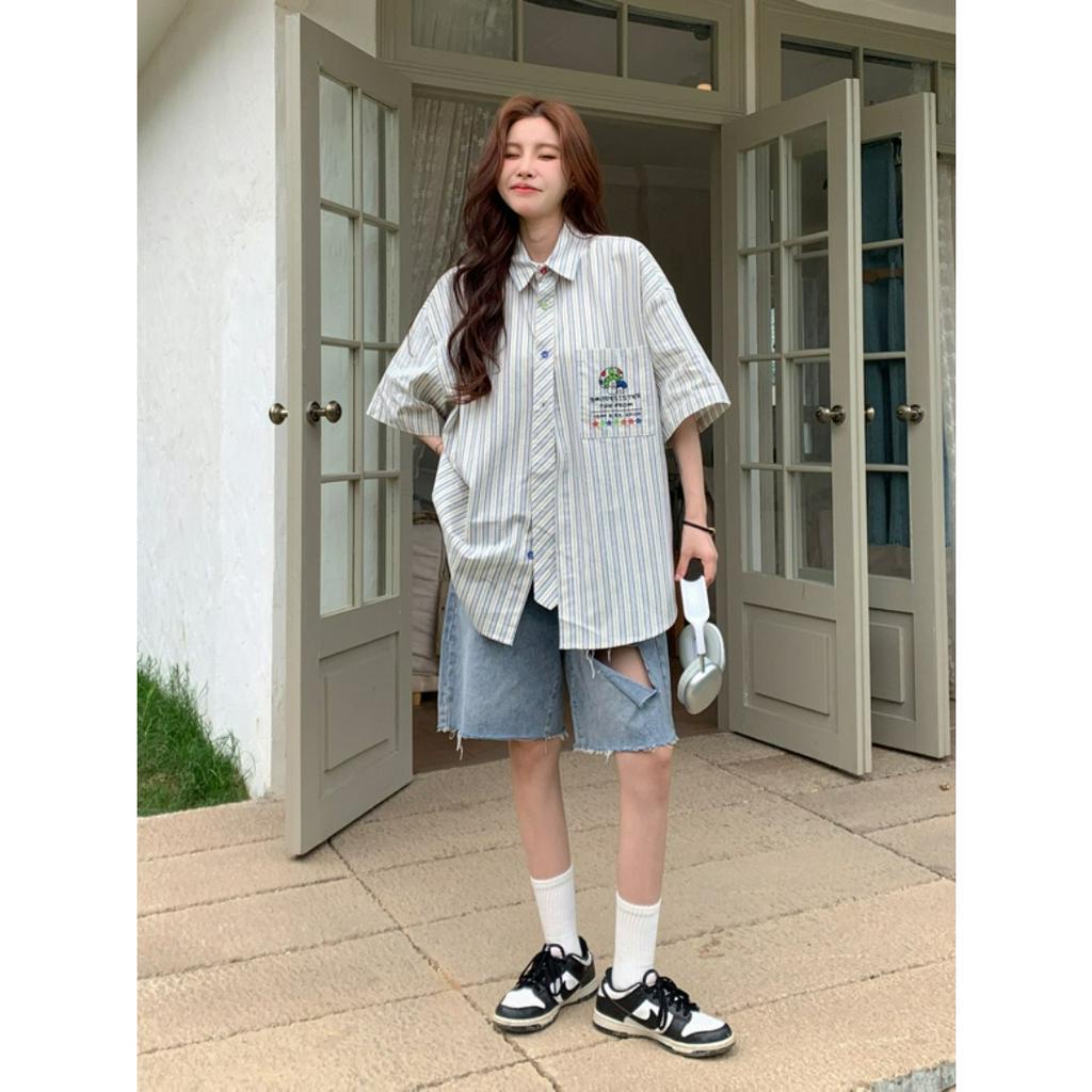 「 WELOVE1 」Áo Sơ Mi Ngắn Tay Họa Tiết Kẻ Sọc Thời Trang Mùa Hè 2023 Dành Cho Nữ