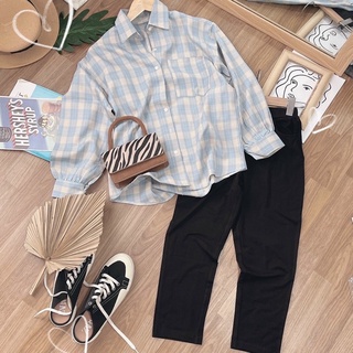 SET ÁO SƠ MI CARO XANH + QUẦN LEGGING [kèm ảnh thật]