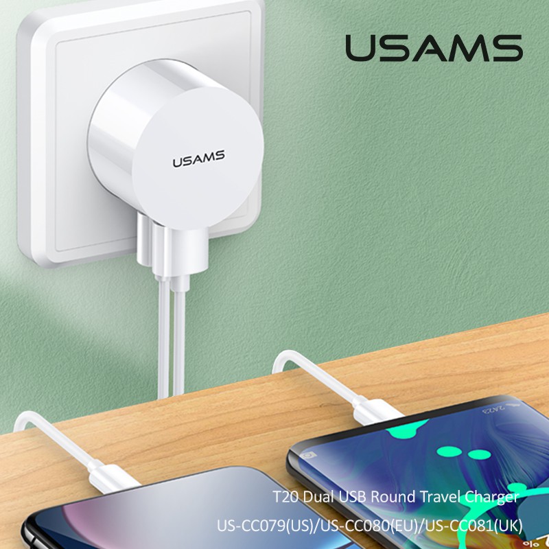 Cốc Sạc Nhanh USAMS T20 Cổng USB Kép Chất Lượng Cao Cho Iphone Oppo Samsung Huawei Vivo Xiaomi