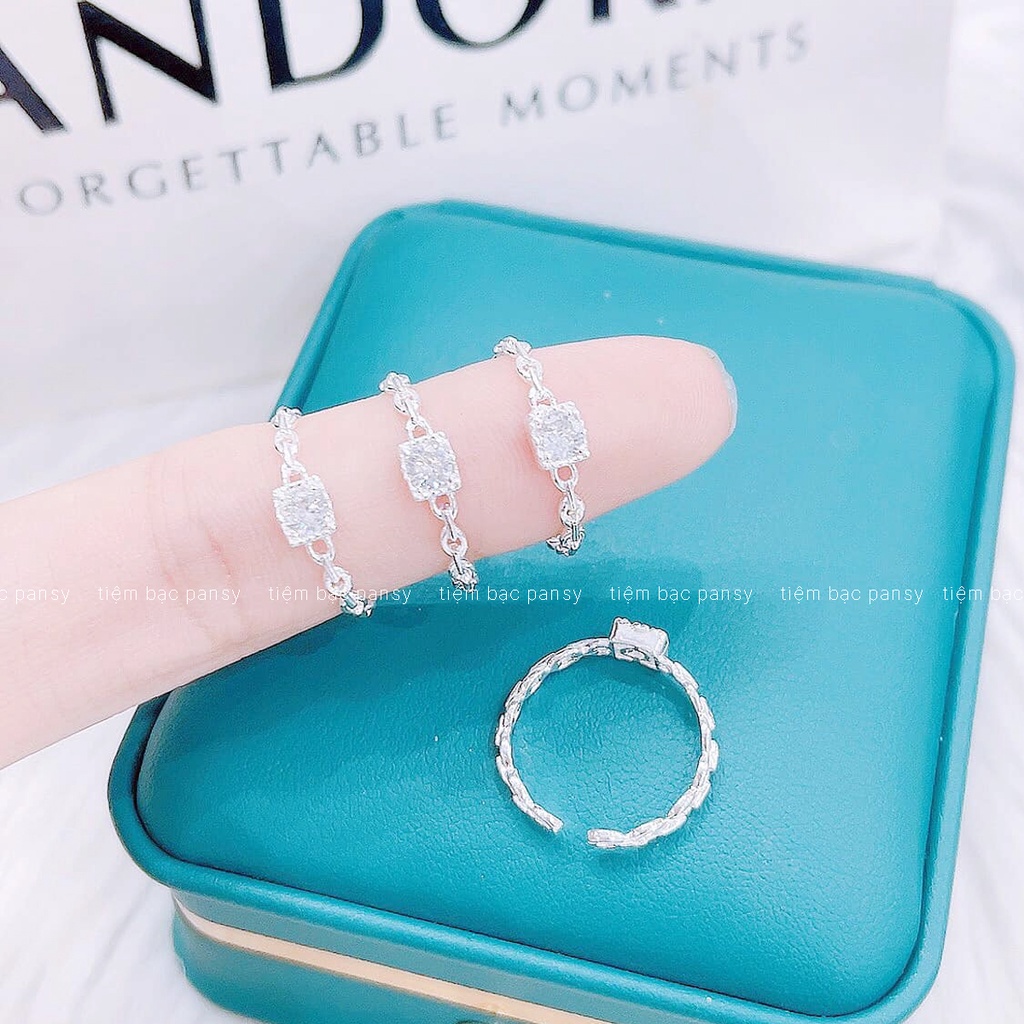 Nhẫn bạc nữ PANSY dạng dây xích hở freesize đính đá hình vuông, nhẫn xoắn bạc ta điều chỉnh được kích cỡ