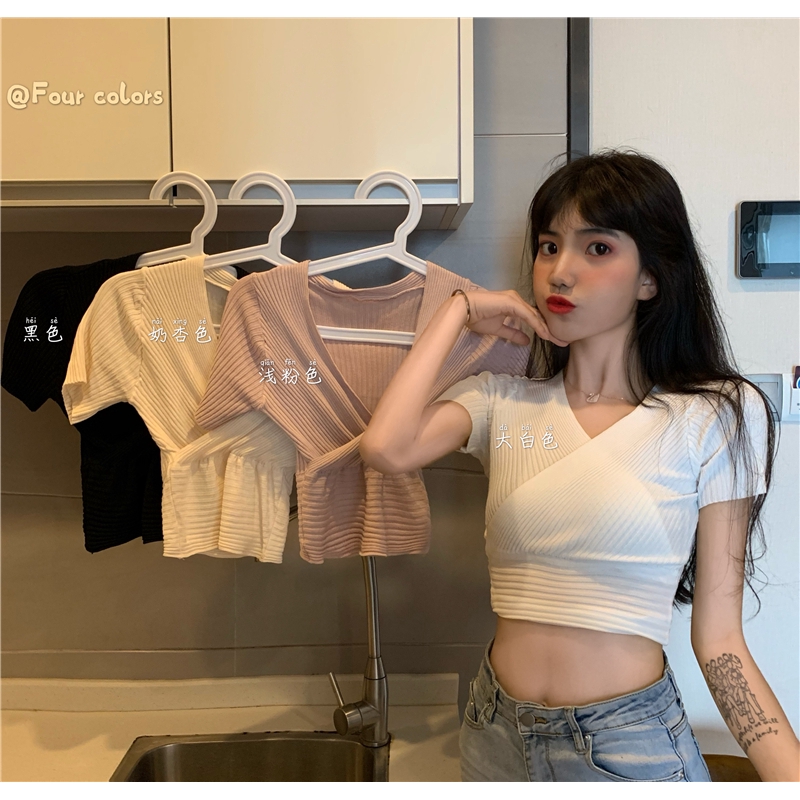 IELGY   Áo Thun Tay Ngắn Vạt Chéo Thời Trang Dành Cho Nữ