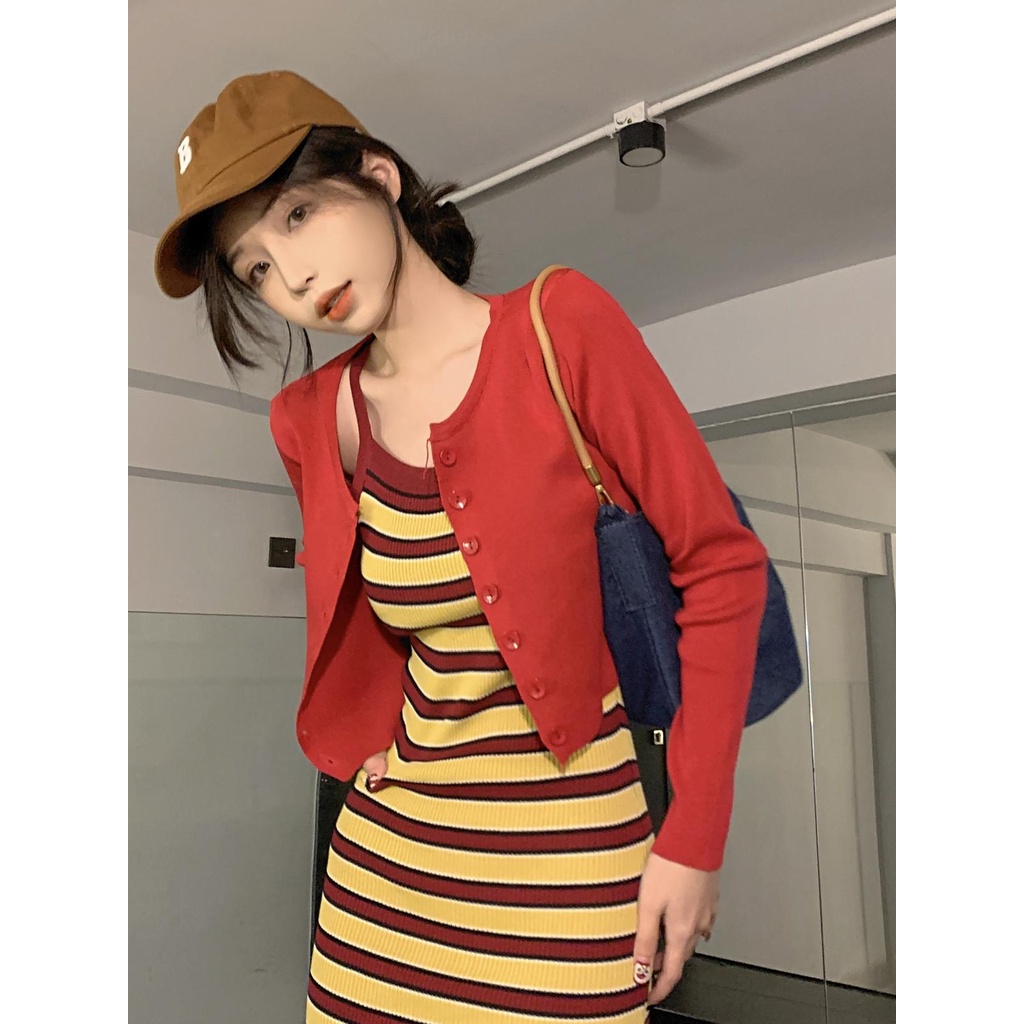 ZHELIHANGFEI Set Áo Cardigan Dệt Kim Dài Tay Và Đầm Hai Dây Họa Tiết Kẻ Sọc Phong Cách Quyến Rũ