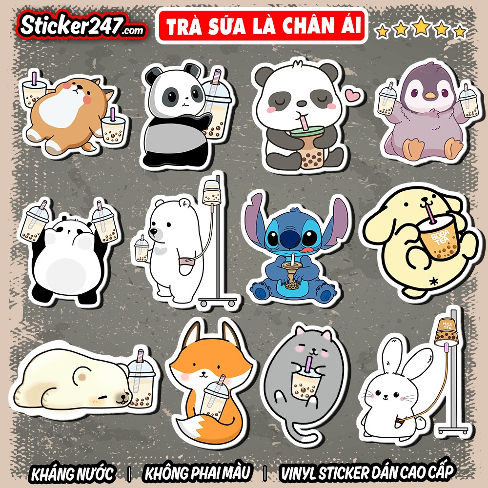 Sticker Cute Animal Uống Trà Sữa 𝑭𝒓𝒆𝒆𝒔𝒉𝒊𝒑 Decal Chống Thấm Nước, Sticker Dán Mũ Bảo Hiểm, Dán Vali, Laptop, Đàn Guitar