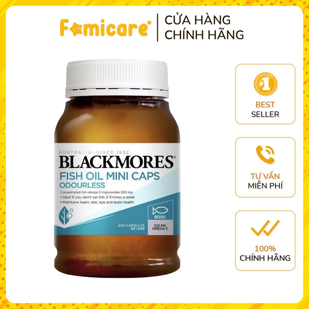 Dầu cá Blackmores Odourless Fish Oil khử mùi tự nhiên, bổ sung omega 3 1000mg 400 viên