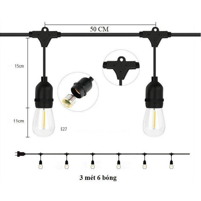 Dây đèn bóng led edison T45 3 mét 6 bóng 4w đèn trang trí