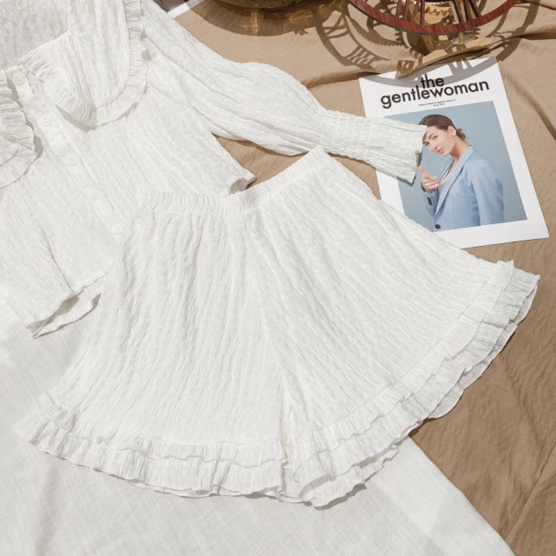 Sỉ 175💚 SET ÁO BBD TRẮNG CỔ BÈO + SHORT LAI BÈO 💚