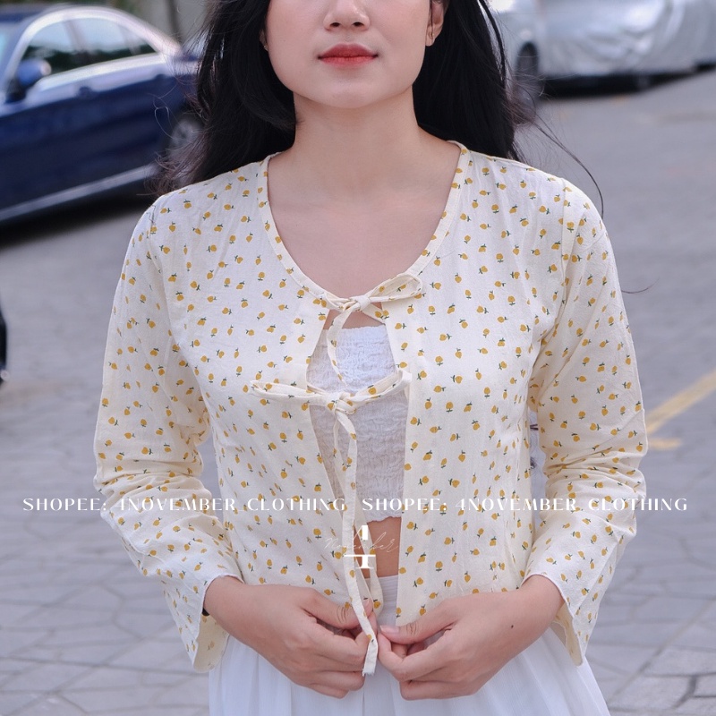 Áo croptop, áo cadigan hoa dây nơ hoạ tiết nhí siêu dễ thương chất liệu thô mềm