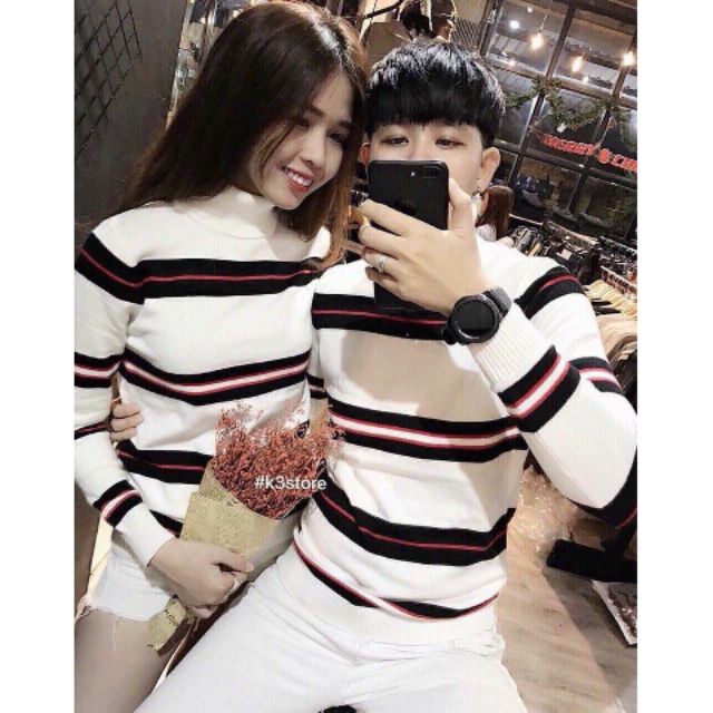 Áo len cặp unisex nam nữ dài tay màu trắng phối sọc đen đỏ cá tính cao cấp
