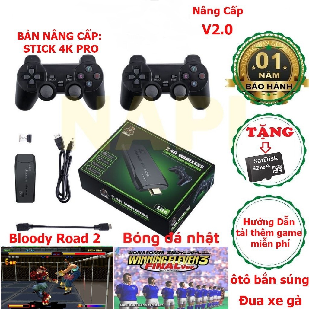 Máy Chơi Game Stick 4k - HDM10000 + 20 trò mới độc quyền, kết nối không dây game 4 nút, 6 nút, PS1/GBA/GBC/GB/NES/SNES.