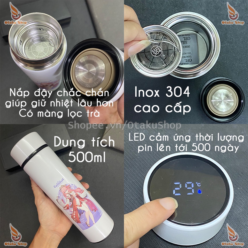 Bình giữ nhiệt Genshin Impact Inox 304 nắp có đèn LED hiển thị nhiệt độ nước có thể in theo yêu cầu hình anime Game idol