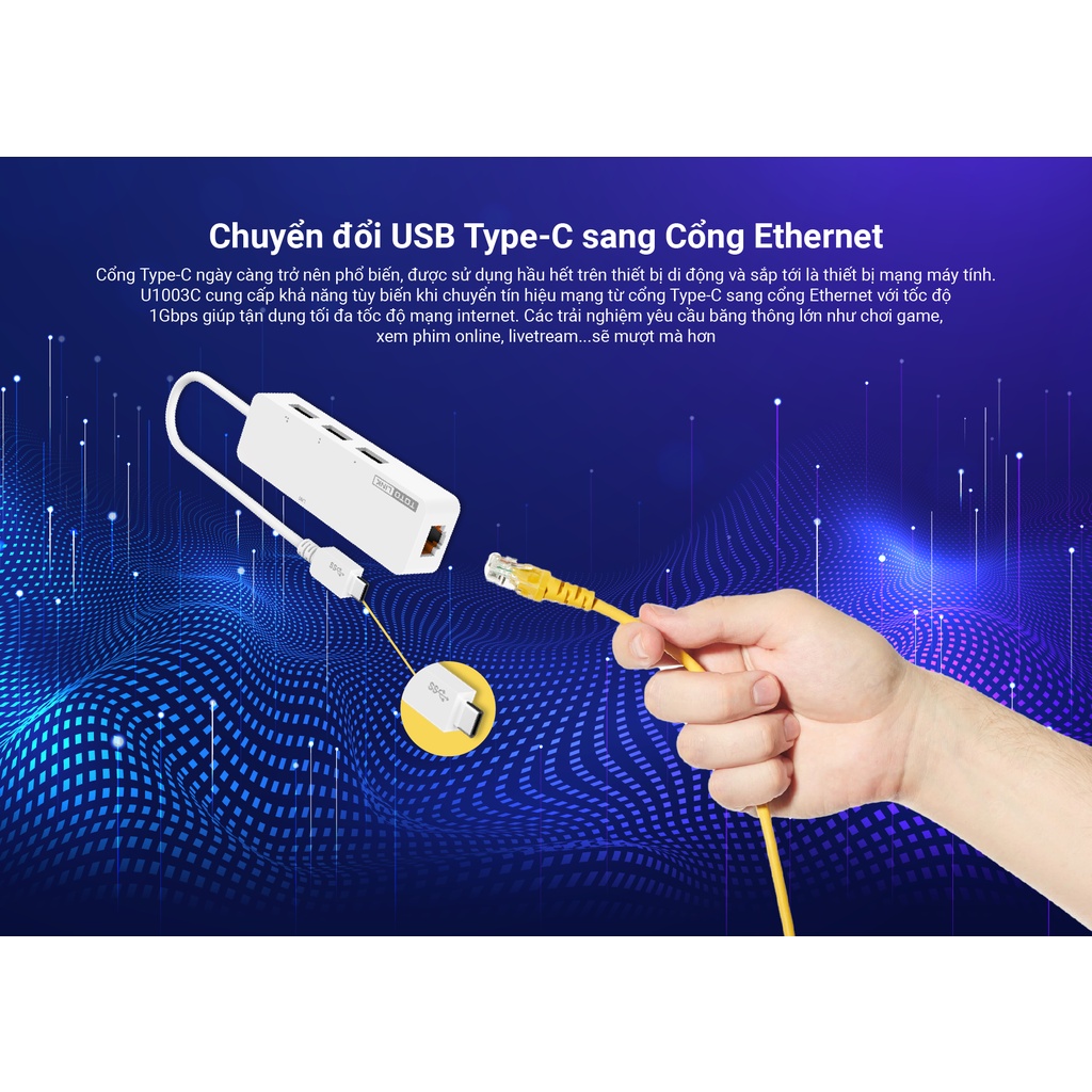 Bộ chuyển đổi USB Type-C sang Ethernet RJ45 Gigabit và 3 cổng USB 3.0 TOTOLINK U1003C