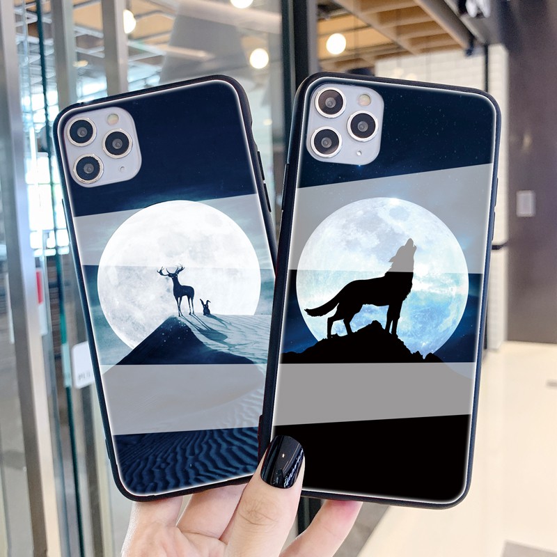 bao da Ốp lưng OPPO A12 A12E A52 A72 A92 A9 A5 2020 Case Moonlight Wolf Deer Tempered Glass Cover Ốp lưng OPPO A31 A5S A7S F11 Pro f7 F9 F1s A83 Protection Phone casing