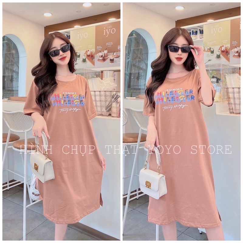 Đầm thun suông bigsize cho nữ tay lỡ cổ tròn xẻ tà form từ 50-75kg nhiều màu