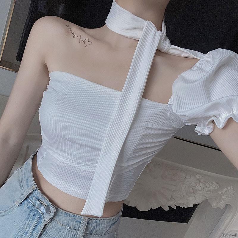 Áo croptop tay ngắn trễ vai màu trơn phong cách hợp thời trang cho nữ