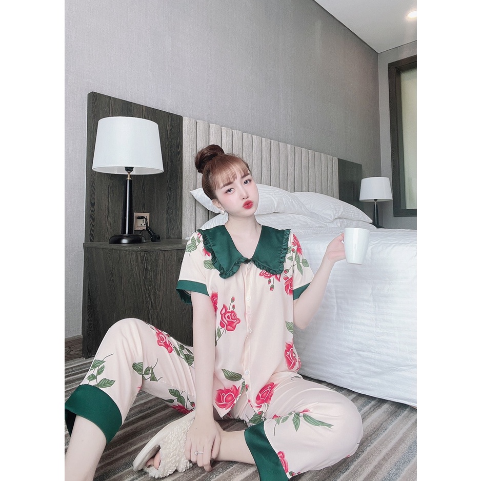 Pijama nữ tay ngắn quần dài mẫu tiểu thư cổ sen phối bèo hot hít lụa mango, lụa latin,lụa satin cao cấp siêu sale giá rẻ