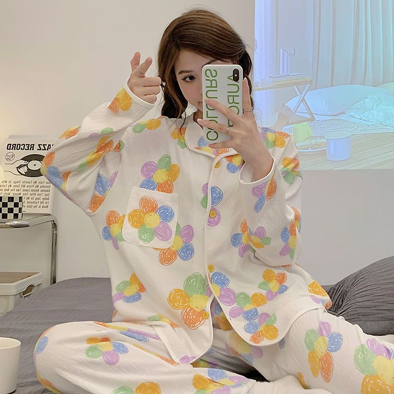 Bộ Đồ Ngủ Tay Dài Chất Cotton In Họa Tiết Dễ Thương Thời Trang Xuân Thu Cho Nữ