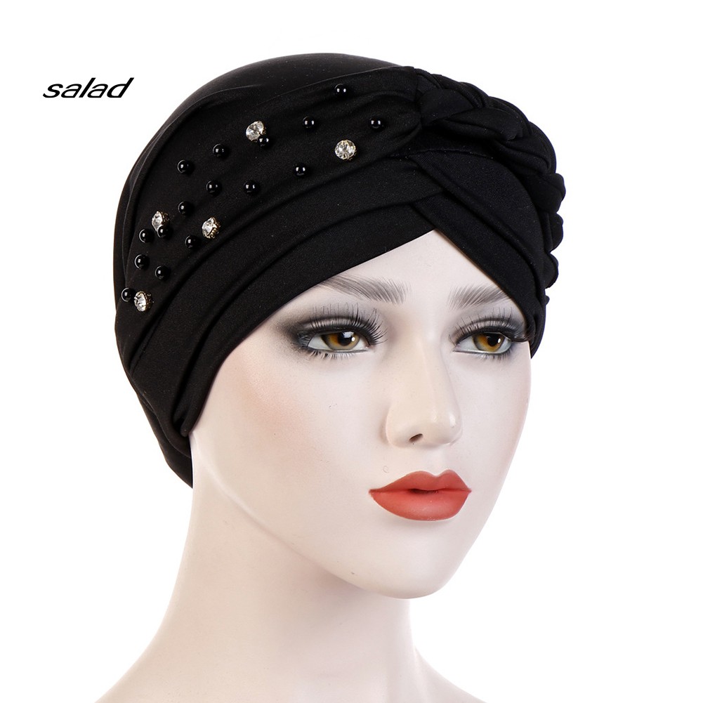 Mũ Turban Trùm Đầu Đính Hạt Màu Trơn Phong Cách Hồi Giáo Cho Nữ