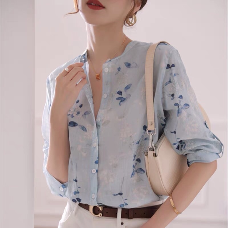 ⚡️ĐŨI XƯỚC⚡️Áo sơ mi đũi xước hoạ tiết hoa màu xanh nhạt