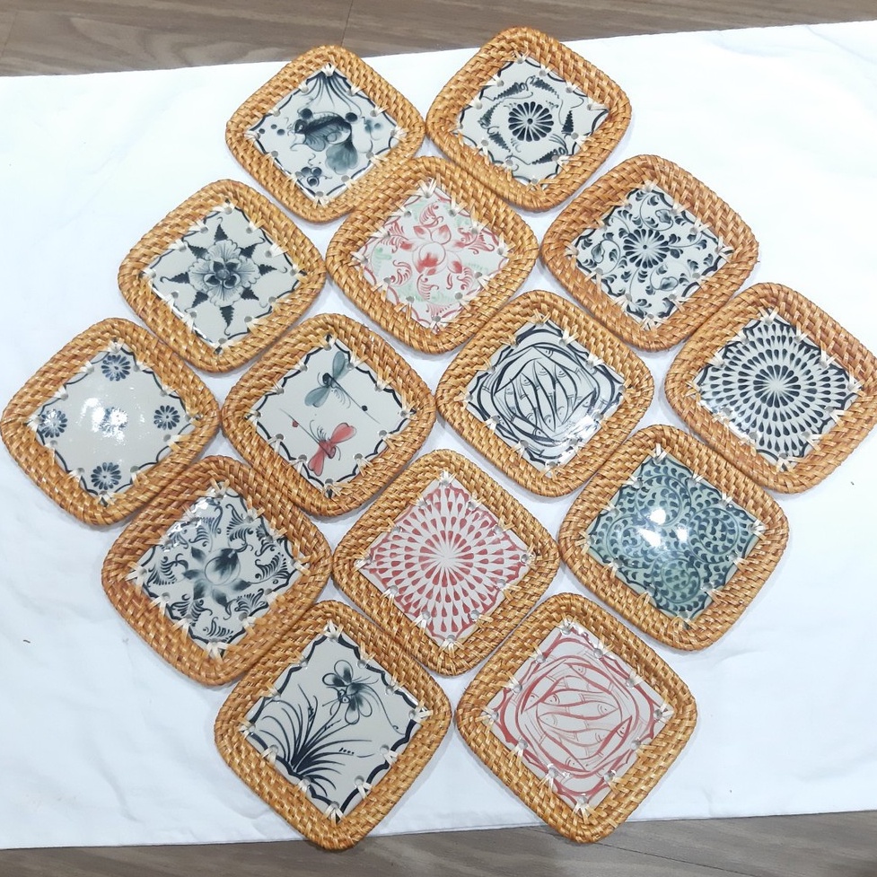 Lót ly (cốc) làm từ mây sứ hoa văn truyền thống Việt Nam - Hình vuông 10*10 cm ,có ảnh thật, giá 1 cái