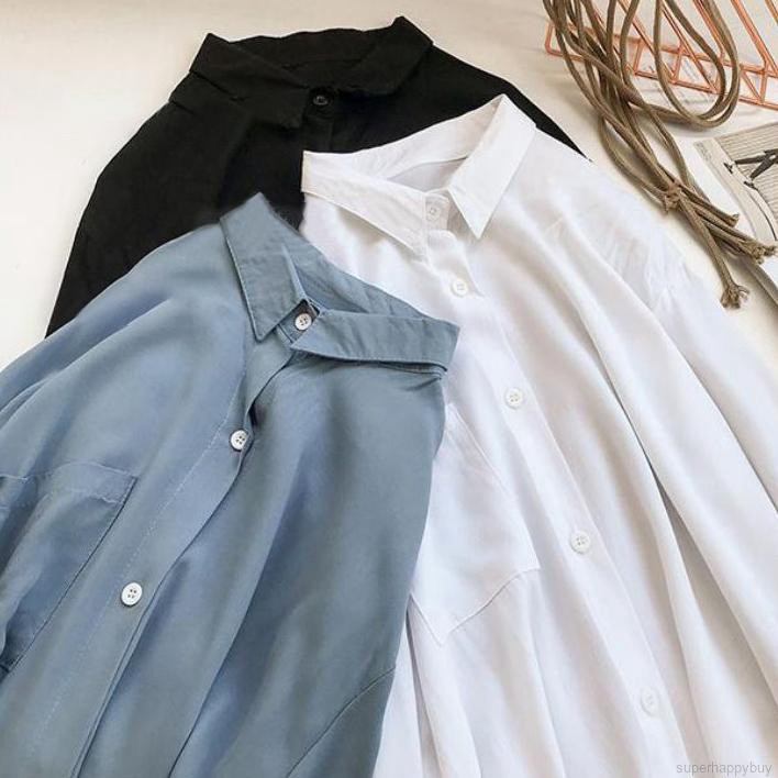 Đầm sơ mi cổ bẻ dài tay dáng rộng màu trơn thời trang cho nữ