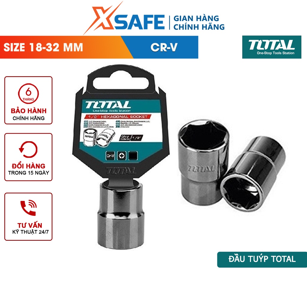 Đầu tiếp 1/2 inch TOTAL Đầu tuýp lục giác nhiều kích thước từ 18 - 32mm, chất liệu 50BV30 chịu nhiệt cao