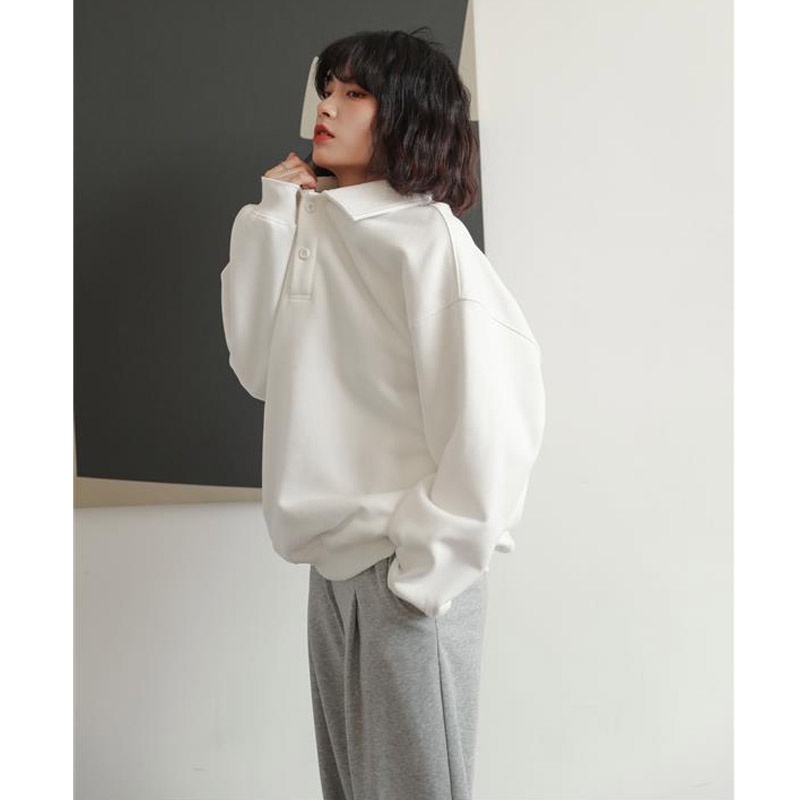 Áo sweater trắng dáng rộng cổ polo thiết kế mới thời trang thu đông 2023 Hàn Quốc cho nữ