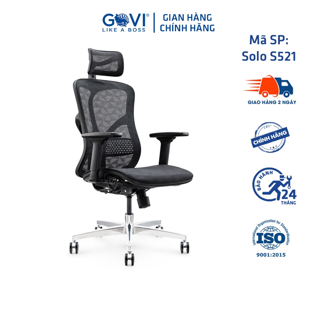 Ghế công thái học Ergonomic GOVI Solo S521 - Tựa đầu điều chỉnh độ cao xoay góc, tựa tay 3D nâng hạ, mâm ghế ngả 90 -135