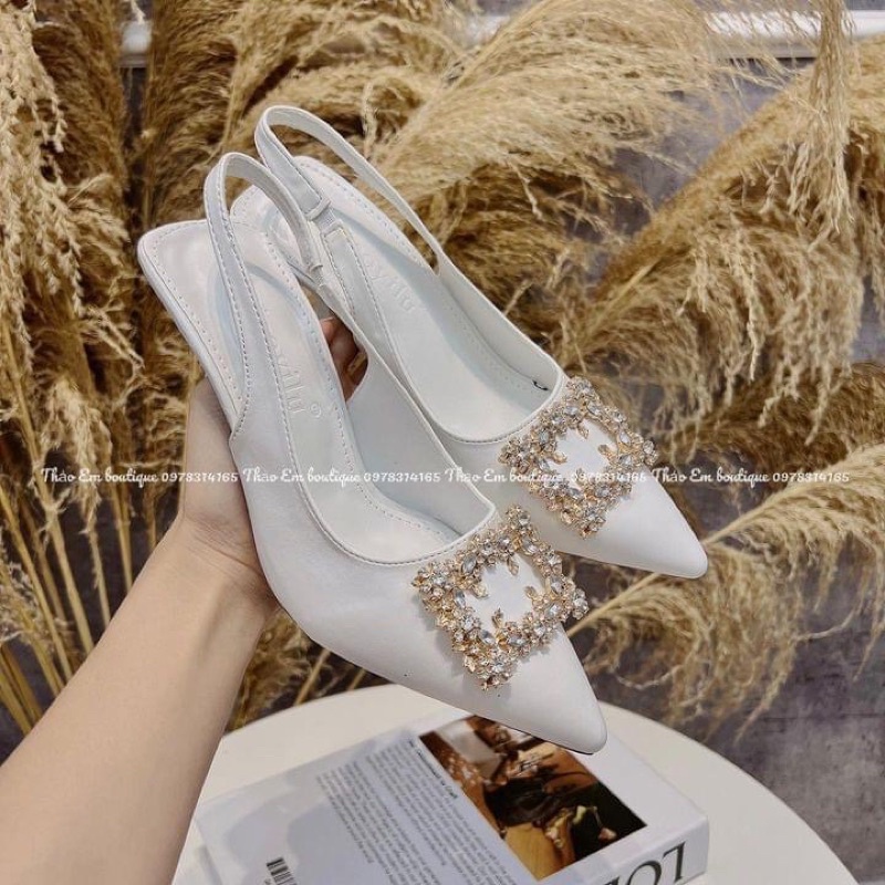 Giày cao gót mũi nhọn đính hoa đá 7 phân gót nhọn