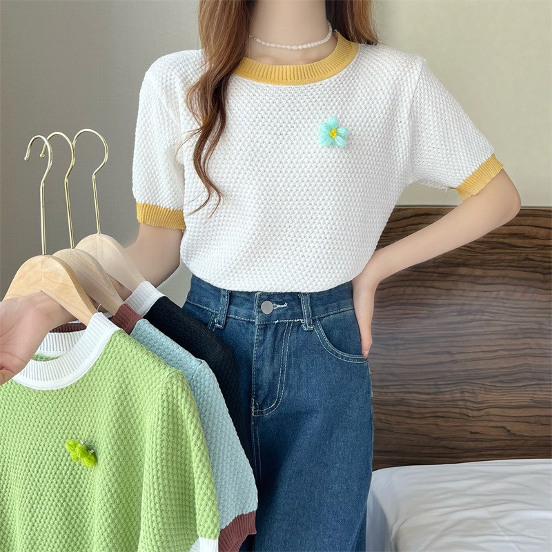 Áo thun dệt kim ZHELIHANGFEI tay ngắn thêu hoa xinh xắn thời trang