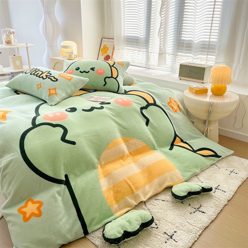 Bộ chăn ga gối nỉ nhung tuyết 5D cao cấp họa tiết xinh xắn cho bé, chất liệu nỉ nhung sữa siêu mềm mịn an toàn cho bé