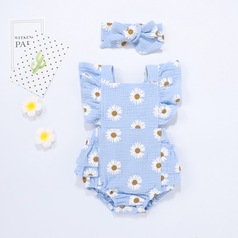 Bộ Bodysuit Họa Tiết Hoa Cúc Nữ Tính Kèm Băng Đô