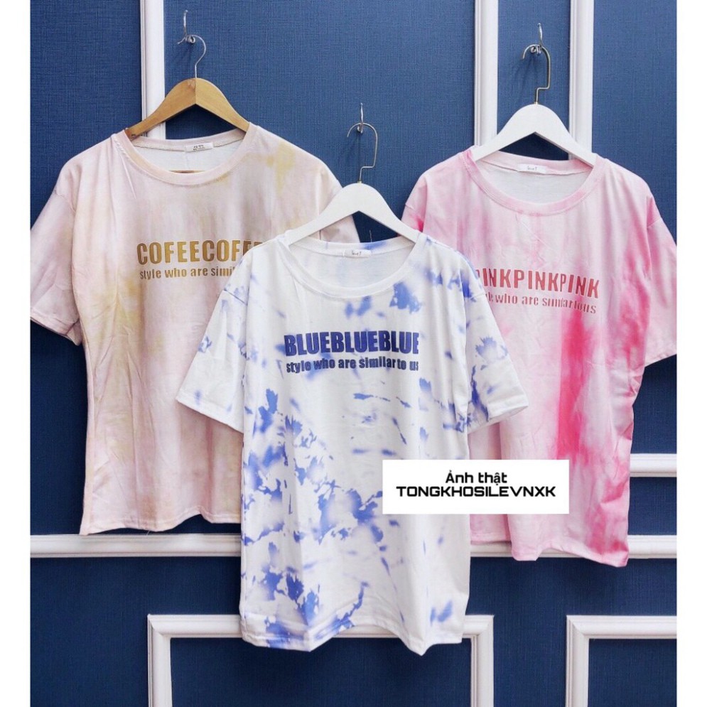 {SP mới - sẵn} - Áo Phông Loang In Chữ COFFE-PINK-BLUE Unisex 3 Màu - Áo Loang Thun mix màu Cofee Xanh Hồng Nâu Nam Nữ