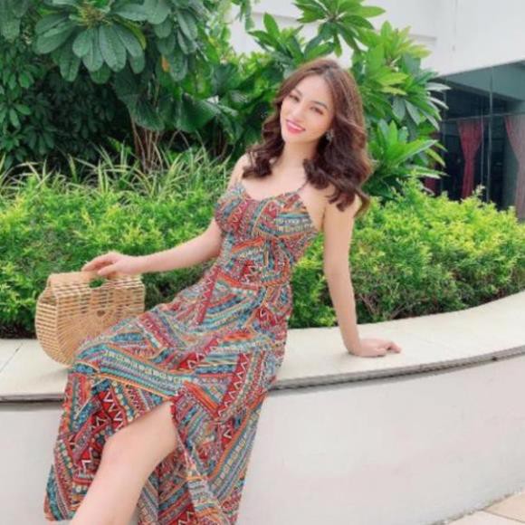 Đầm maxi thổ cẩm đan lưng, xẻ tà MHB12