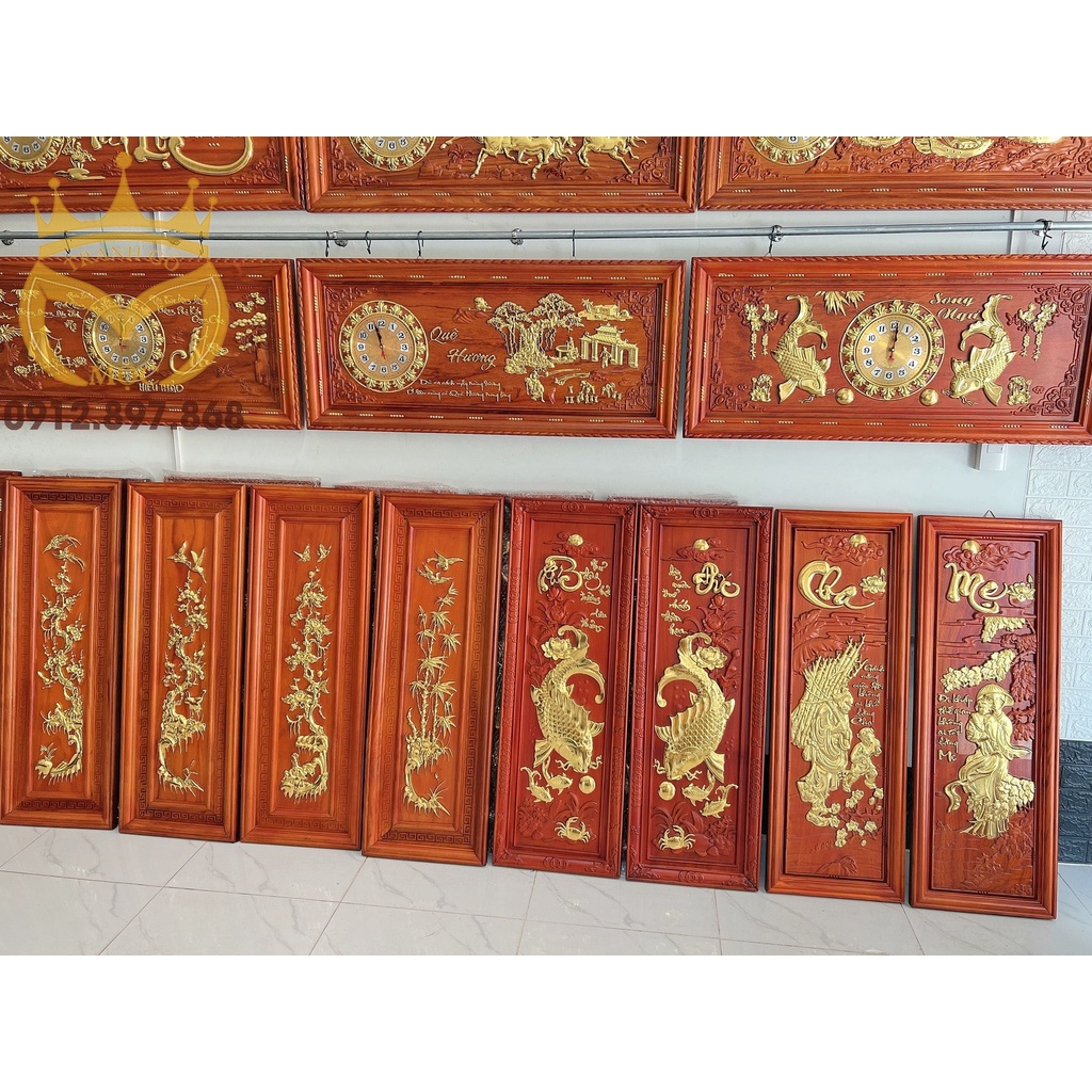 Tranh Đồng Hồ Gỗ Hương Thếp Vàng kích thước 48cm x 108cm